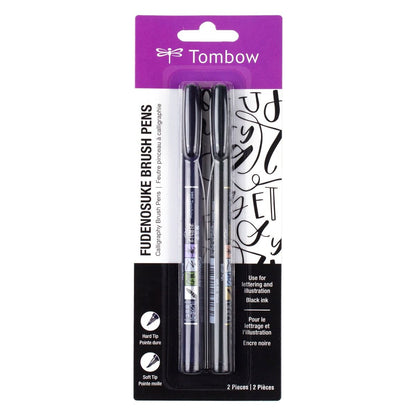 Tombow Fudenosuke Brush Pen, Hard & Soft Tip, Black, 2PK