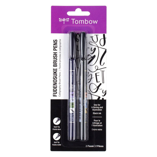 Tombow Fudenosuke Brush Pen, Hard & Soft Tip, Black, 2PK
